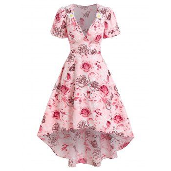 

Romantic Floral Butterfly Plunge Puff Sleeve High Low Dress, Light pink