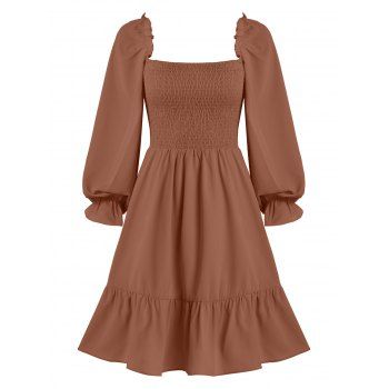 

Puff Sleeve Ruffle Cuff Smocked Flounce Dress, Coffee