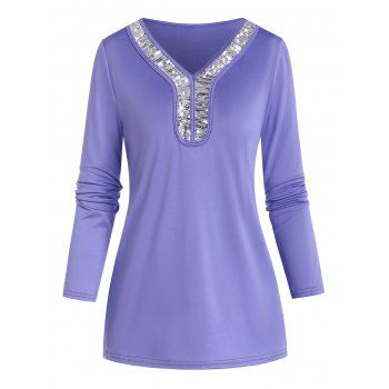 

V Neck Sequins Panel Tee, Light purple