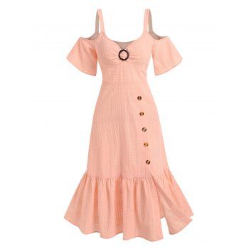 

O Ring Cold Shoulder Flounced Midi Dress, Light orange