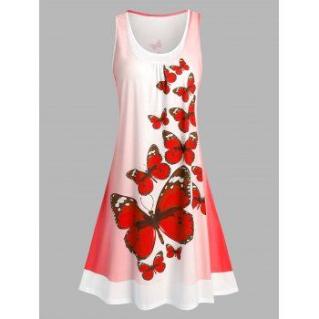 

Sleeveless Butterfly Print Knee Length Trapeze Dress, Red