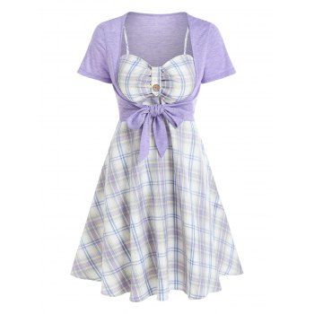 

Plaid A Line Cami Dress and Open Bust Knot Top Twinset, Light purple