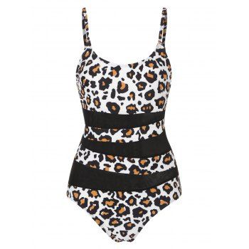 Mesh Panel Leopard One-piece Swimsuit, Multicolor