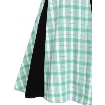 Vintage Plaid Colorblock Buckle High Waisted Godet A Line Cami Dress