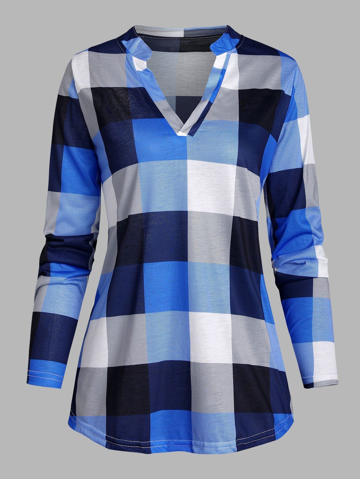 Plaid Long Sleeve Notched Collar Top - BLUE XL