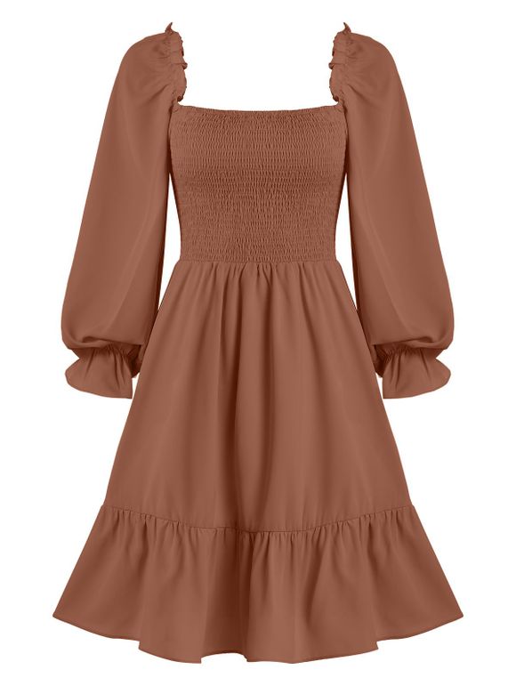 Robe Mini Plissée Vintage à Manches Bouffantes à Volants en Ligne A - café S