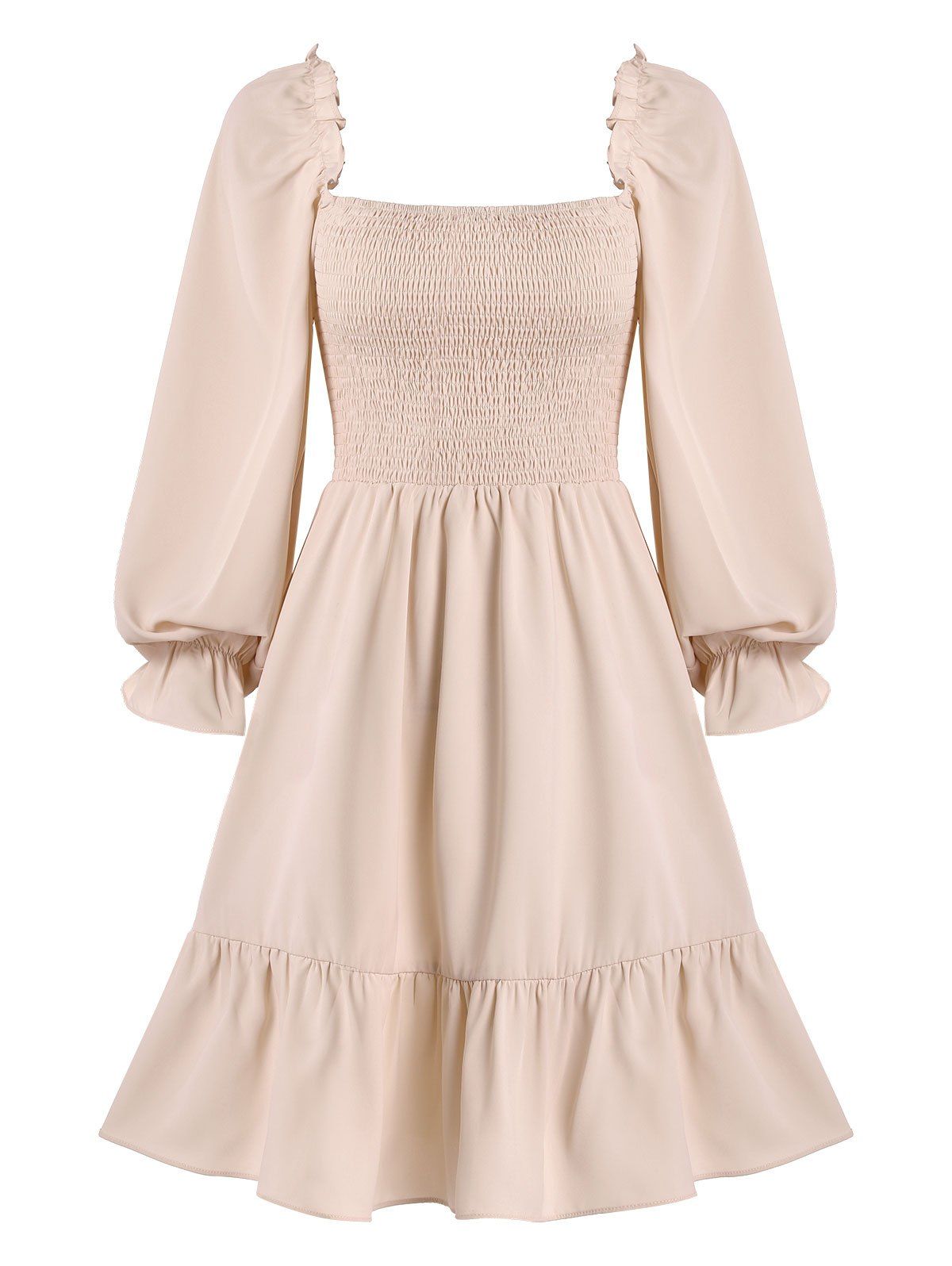 Vintage Dress Puff Sleeve Ruffled Cuff Smocked Flounce Mini Dress Pure Color Square Neck A Line Dress - LIGHT COFFEE XL
