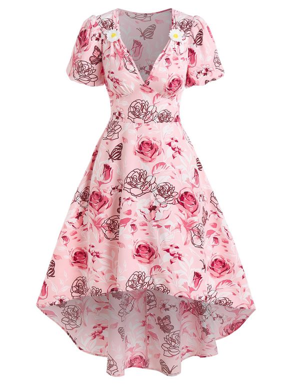 Robe Haute Basse à Applique Floral Romantique à Manches Bouffantes - Rose clair XXL