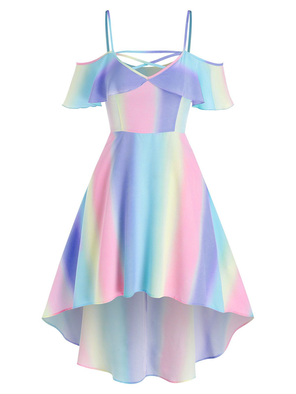 Summer Crossover Cold Shoulder Rainbow High Low Midi Dress - LIGHT PURPLE S