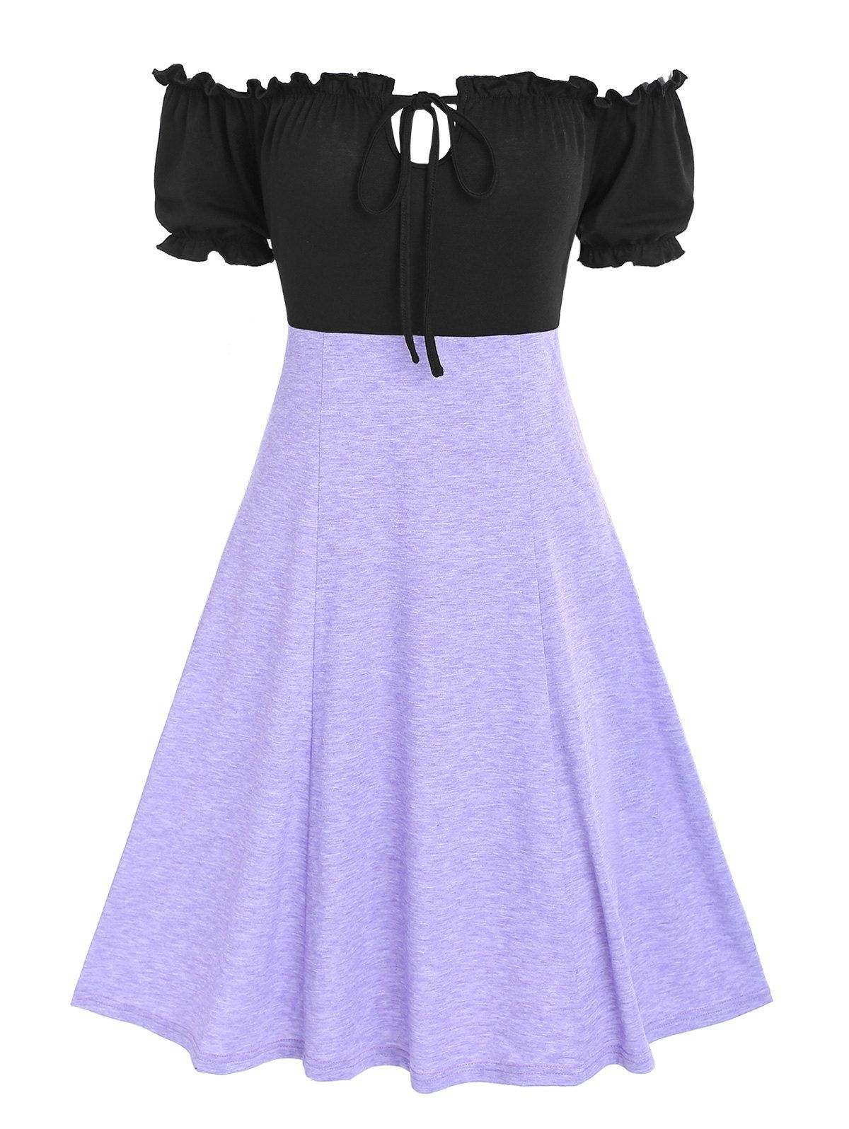 Contrast Bicolor Colorblock Off Shoulder Puff Sleeve Frilled A Line Dress - LIGHT PURPLE XXXL