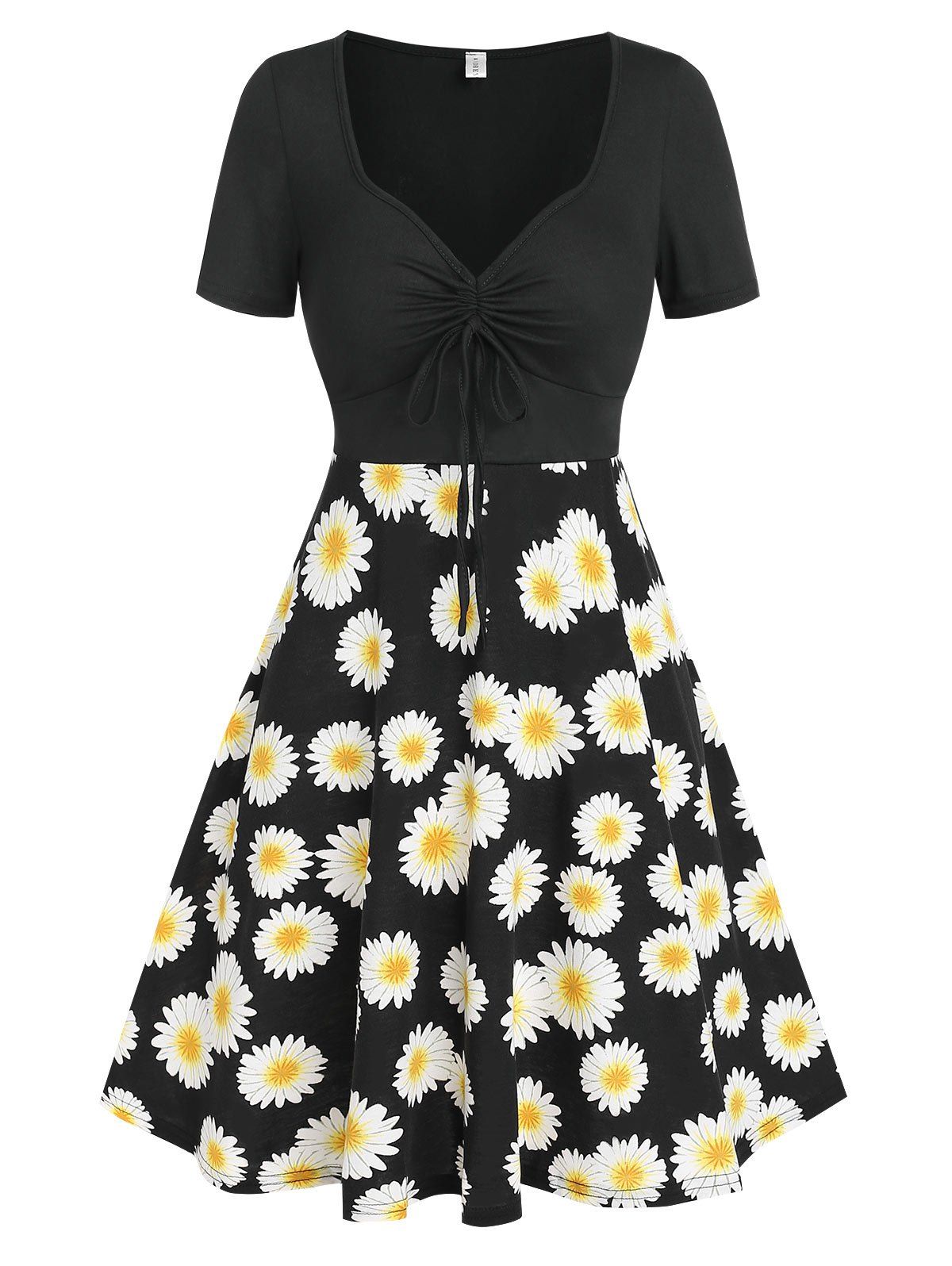 Printed Floral Corset Style Drawstring High Waist A Line Dress - LIGHT YELLOW S
