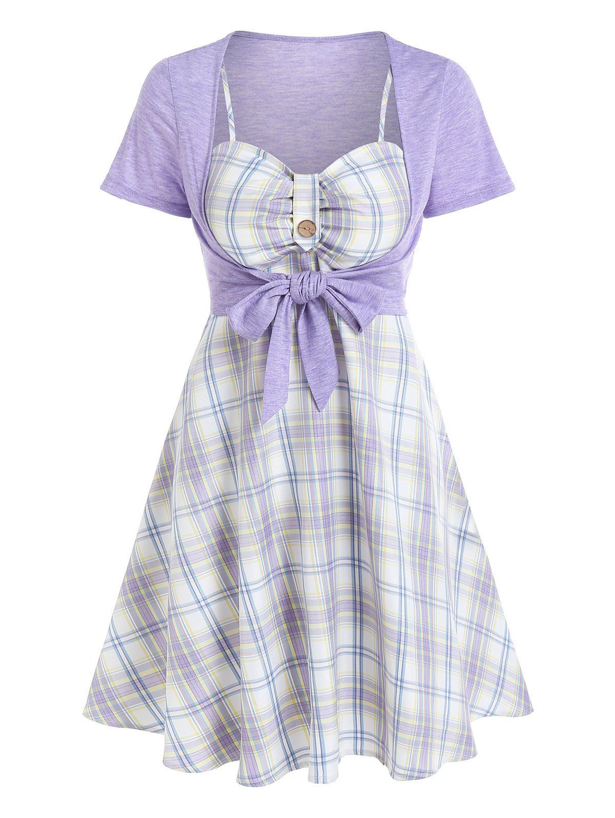 Plaid A Line Cami Dress and Open Bust Knot Top Twinset - LIGHT PURPLE XXL
