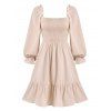 Vintage Dress Puff Sleeve Ruffled Cuff Smocked Flounce Mini Dress Pure Color Square Neck A Line Dress - LIGHT COFFEE M