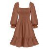 Vintage Dress Puff Sleeve Ruffled Cuff Smocked Flounce Mini Dress Pure Color Square Neck A Line Dress - LIGHT COFFEE XL