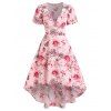 Romantic Floral Butterfly Plunge Puff Sleeve High Low Dress - LIGHT PINK XL