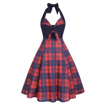 

Vintage Dress Plaid Print A Line Dress Self-tie Halter Dress Summer Backless Dress, Red
