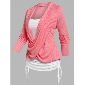 

Crossover Heathered Long Sleeves Ruched Cinched Faux Twinset T-shirt, Light pink