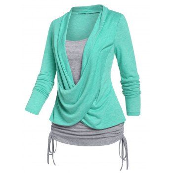 

Crossover Heathered Long Sleeves Ruched Cinched Faux Twinset T-shirt, Light green