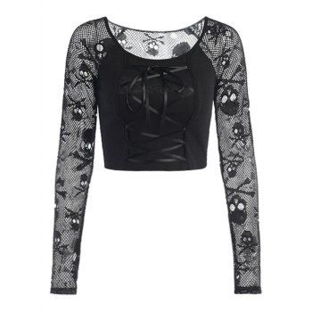 

Skull Pattern Fishnet Insert Lace Up Crop T Shirt, Black