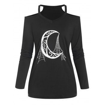 

Cold Shoulder Moon Spider Web Print T Shirt, Black