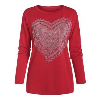 

Rhinestone Heart Drop Shoulder T Shirt, Red