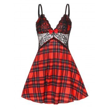 

Lace Insert Plaid Bowknot Lingerie Dress, Multicolor