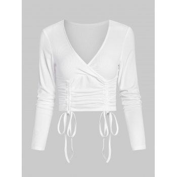 

Ribbed Surplice Cinched Tie Crop Tee, White