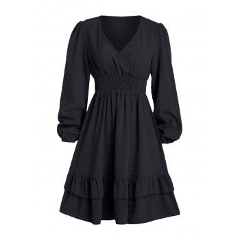 

Swiss Dot Layered Flounce Surplice Dress, Black