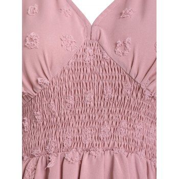 Swiss Dots Mini Dress Plunge Smocked Waist Long Sleeve A Line Dress