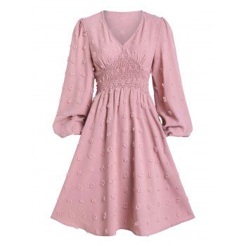 

Swiss Dots Mini Dress Plunge Smocked Waist Long Sleeve A Line Dress, Light pink