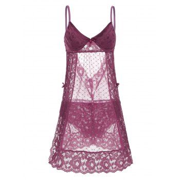 

Lace Slit Bowknot Underwire Scalloped Lingerie Dress, Purple