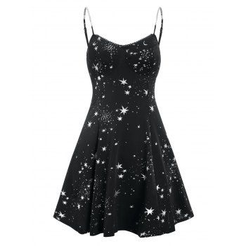 

Stars Print Chains Strap Mini Dress, Black