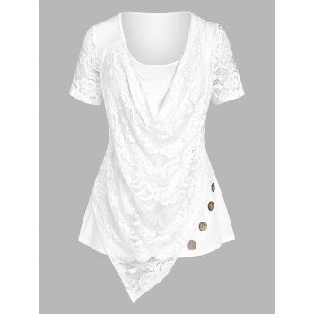 

Plus Size Cowl Front Lace Overlay Tee, White