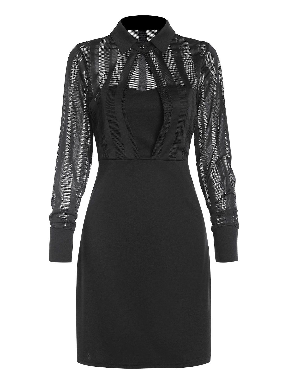 Fishnet Insert Keyhole Cutout Long Sleeve Dress - BLACK XL