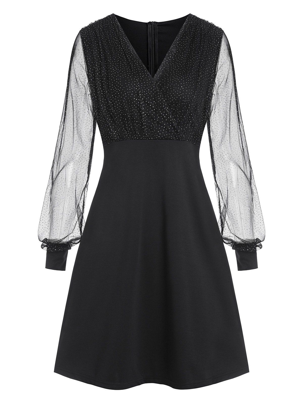 Glitter Mesh Panel Sheer Surplice Party Dress - BLACK XL