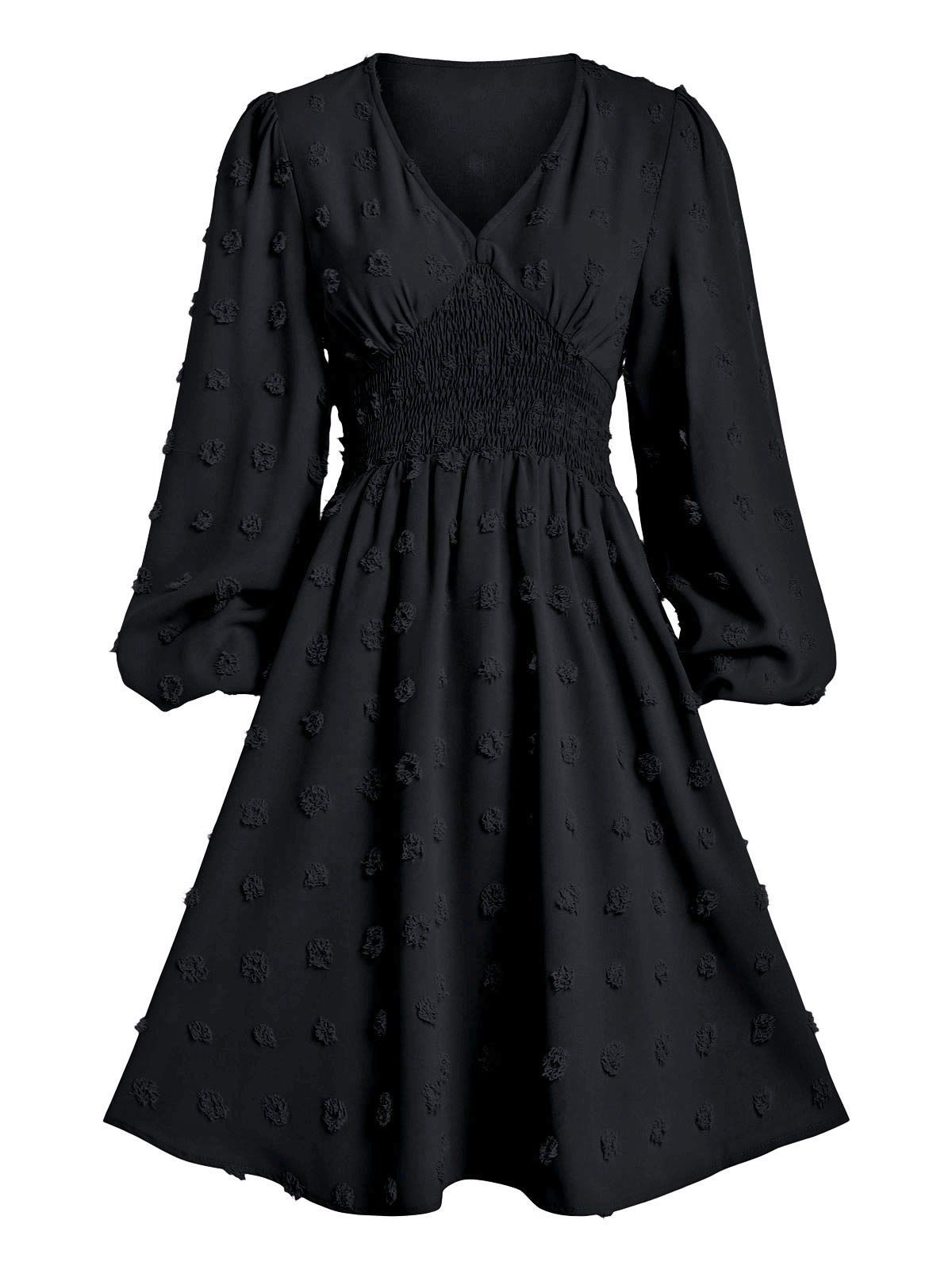 Swiss Dot Smocked Waist Long Sleeve Dress - BLACK S