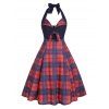 Vintage Dress Plaid Print A Line Dress Self-tie Halter Dress Summer Backless Dress - RED S