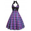 Vintage Dress Plaid Print A Line Dress Self-tie Halter Dress Summer Backless Dress - PURPLE L