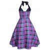Vintage Dress Plaid Print A Line Dress Self-tie Halter Dress Summer Backless Dress - PURPLE L