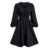 Swiss Dot Smocked Waist Long Sleeve Dress - BLACK L