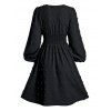 Swiss Dot Smocked Waist Long Sleeve Dress - BLACK L