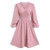 Swiss Dots Mini Dress Plunge Smocked Waist Long Sleeve A Line Dress - LIGHT PINK M