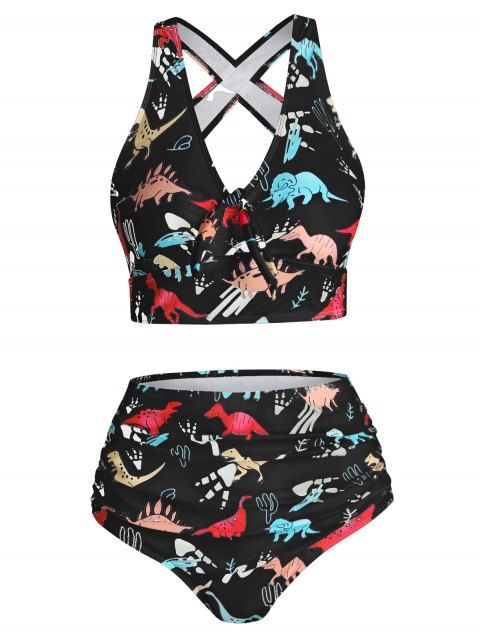 Tummy Control Tankini Swimsuit Cartoon Dinosaur Print Bathing Suit Ruched Bowknot Crisscross Beach Swimwear