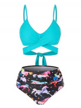 Tummy Control Cross Bikini Swimsuit Print Full Coverage Ruched Swimwear Set