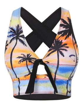Tropical Swimsuit Palm Tree Tie Front Criss Cross Back Swimwear Top
