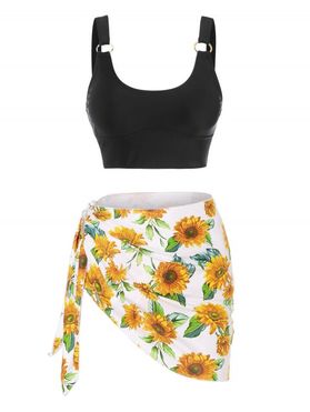 Beach Tankini Swimwear Sunflower Print High Waisted Swimsuit O Ring Asymmetrical Hem Three Piece Bathing Suit Set