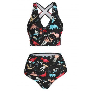 

Tummy Control Tankini Swimsuit Cartoon Dinosaur Print Bathing Suit Ruched Bowknot Crisscross Beach Swimwear, Black