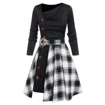 

Mock Button Dress and Plaid Print High Slit Skirt, White