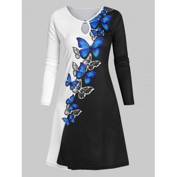 

Keyhole O Ring Butterfly Floral Print T Shirt Dress, Blue