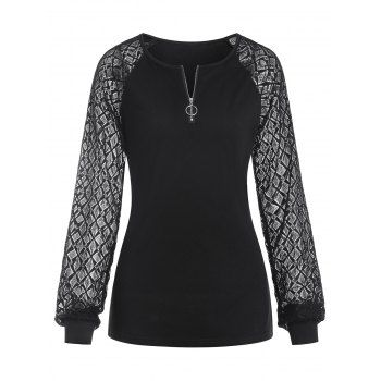 

Lace Insert Raglan Sleeve O Ring Zip T Shirt, Black